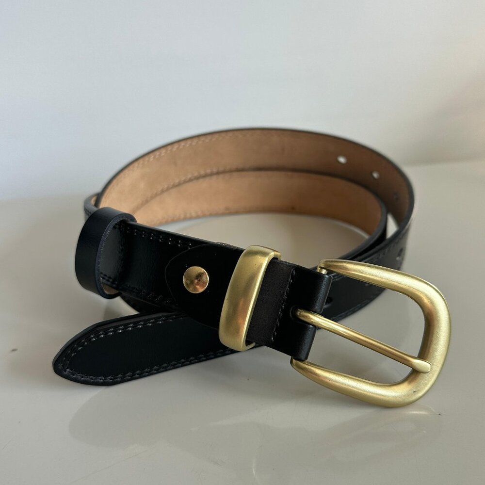 Black Genuine Leather Belt w/ Gold Buckle 1.1"